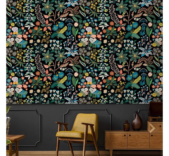 Dark floral wallpaper botanical, leaves flowers and herbs