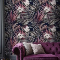 Dark floral wallpaper, accent tropical flowers wall covering