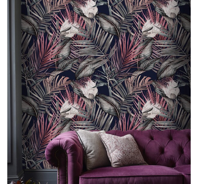 Dark floral wallpaper, accent tropical flowers wall covering