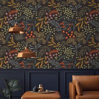 Dark floral wallpaper leaves and herbs, accent wall covering