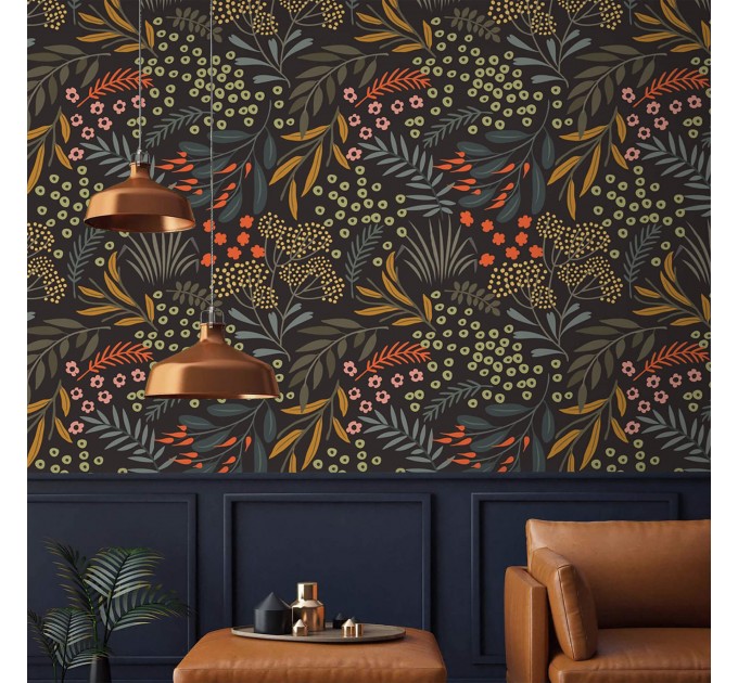 Dark floral wallpaper leaves and herbs, accent wall covering
