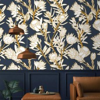 Dark elegant floral wallpaper, protea flowers wall decor