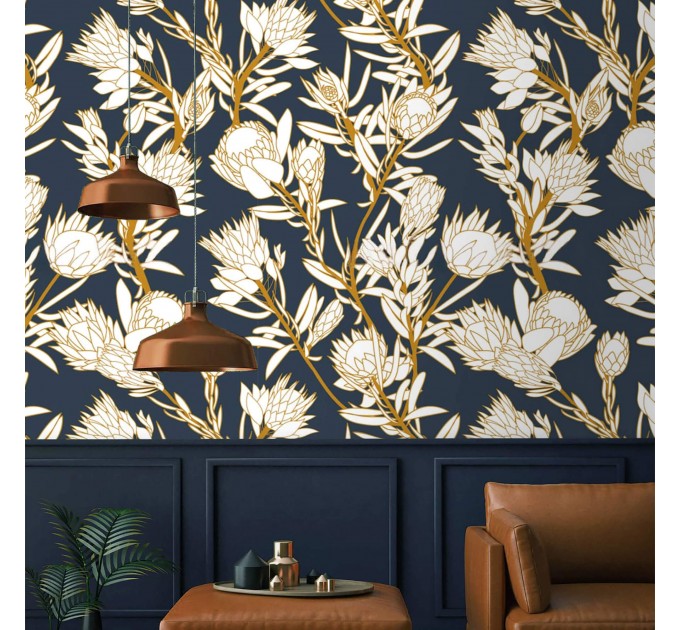 Dark elegant floral wallpaper, protea flowers wall decor
