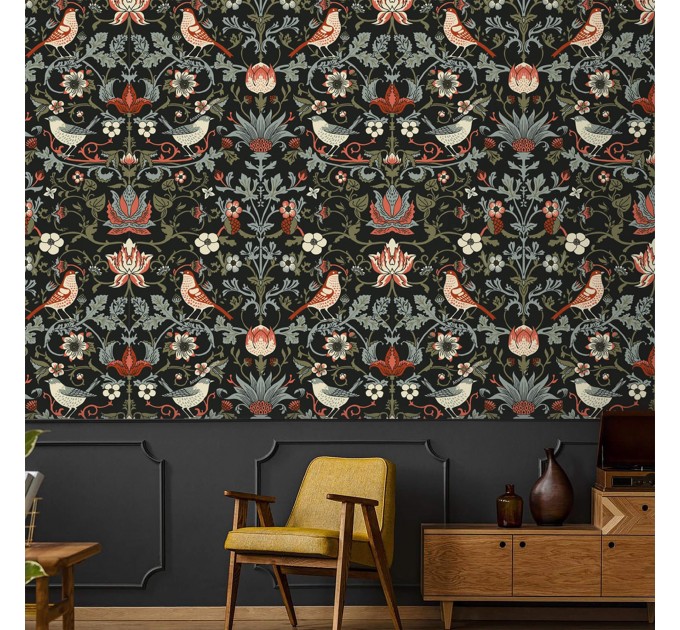 Dark vintage bird and floral wallpaper
