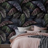Dark tropical wallpaper, large palm and banana leaves