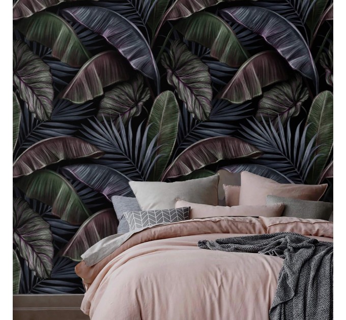 Dark tropical wallpaper, large palm and banana leaves