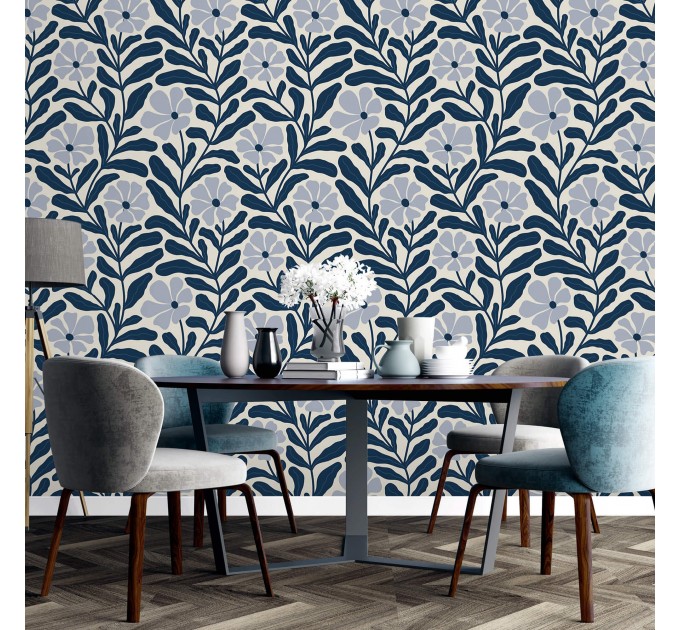 Floral wallpaper blue wildflowers and leaves