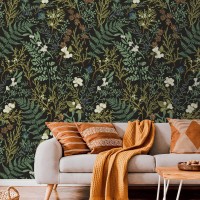 Herbs wallpaper fern leaves on dark moody wall covering