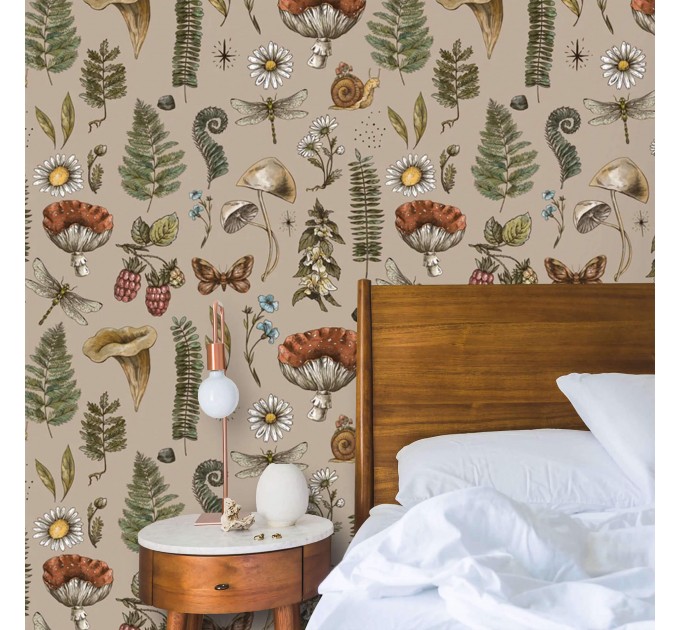 Mushroom botanical wallpaper, whimsical forest pattern