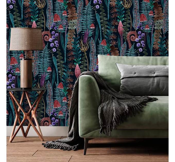 Mushroom wallpaper dark botanical whimsical design