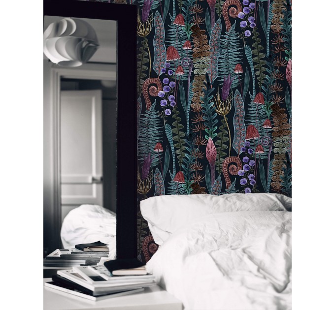 Mushroom wallpaper dark botanical whimsical design