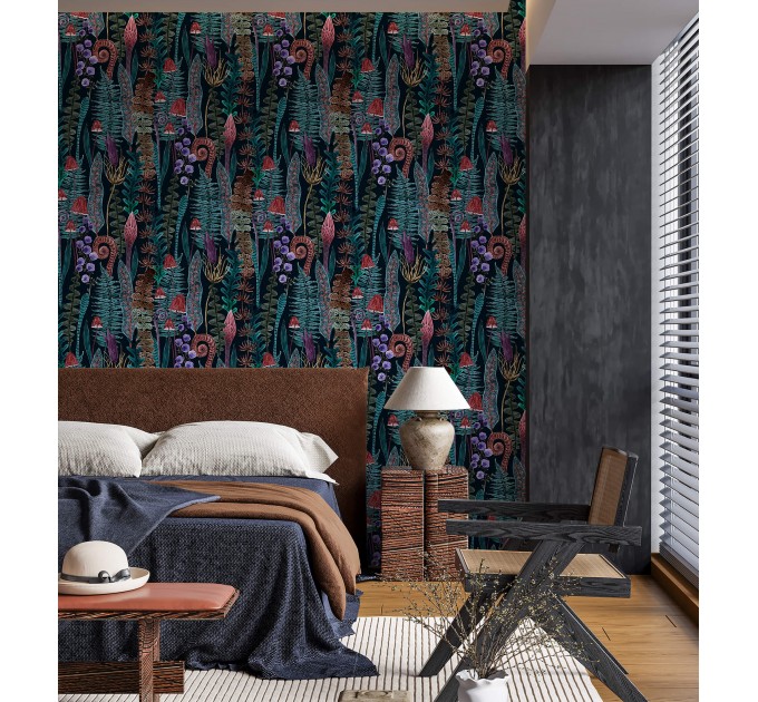 Mushroom wallpaper dark botanical whimsical design