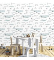 Sea animals wallpaper, kids wall covering narwhal and whale