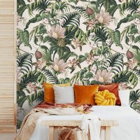 Tropical wallpaper exotic flowers and lush greenery