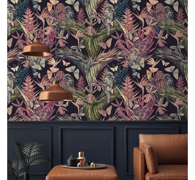 Tropical wallpaper flowers hummingbirds and butterflies