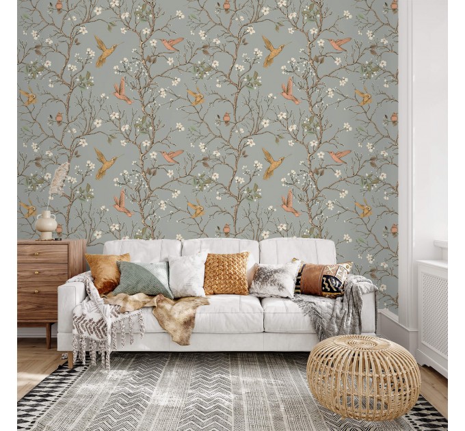 Wallpaper Chinoiserie style with hummingbirds