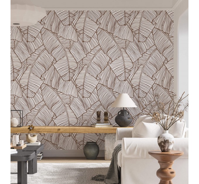 Wallpaper large banana leaves linear neutral foliage