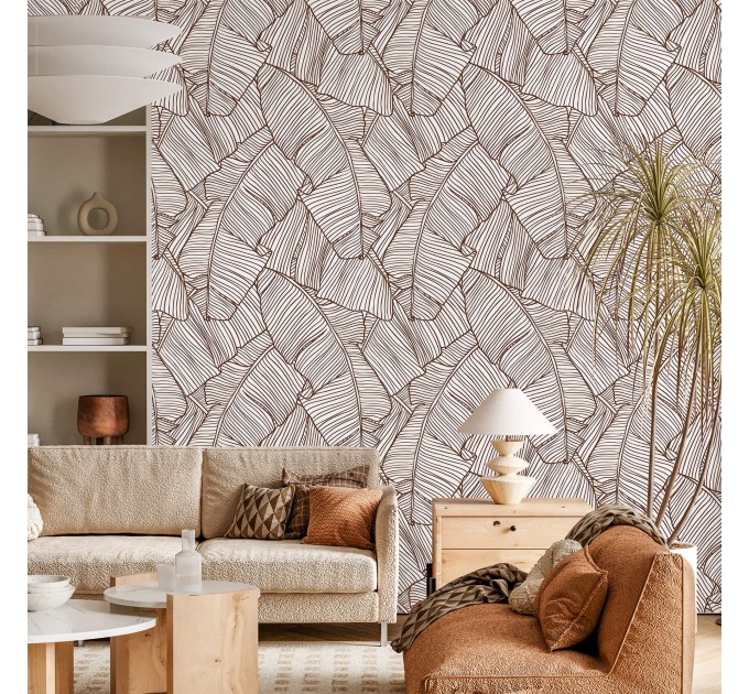 Wallpaper large banana leaves linear neutral foliage