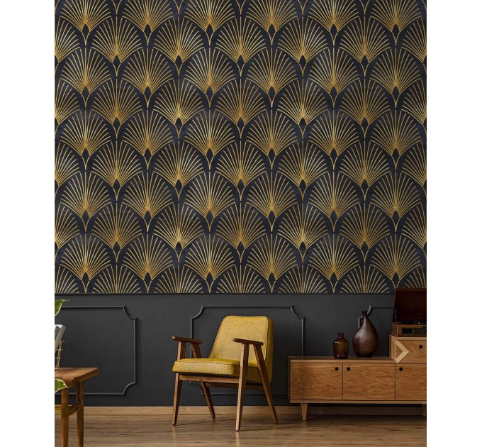 Elegant Art deco wallpaper fans black gold non metallic