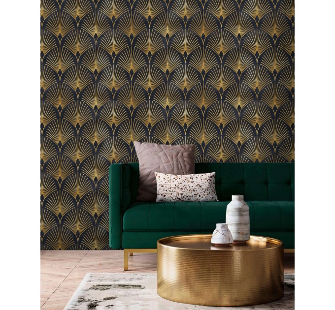Elegant Art deco wallpaper fans black gold non metallic