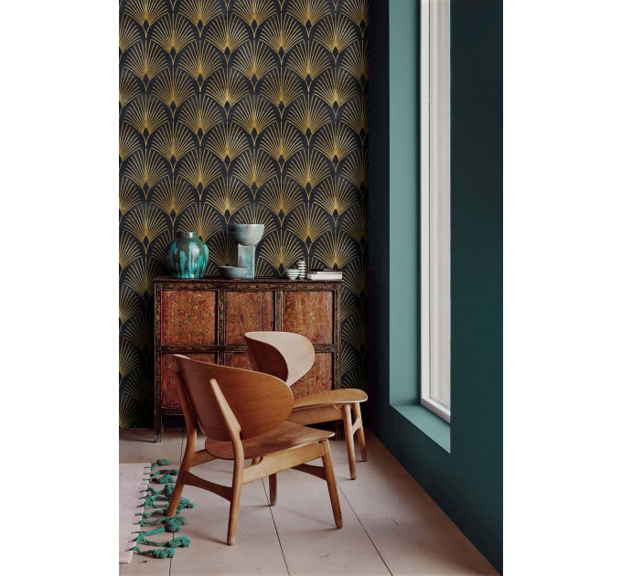 Elegant Art deco wallpaper fans black gold non metallic
