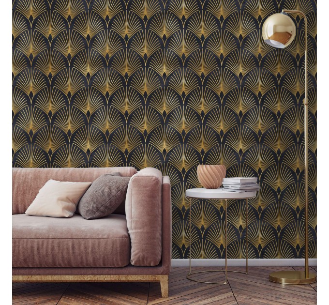 Elegant Art deco wallpaper fans black gold non metallic