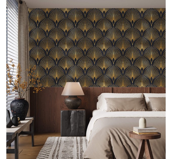 Elegant Art deco wallpaper fans black gold non metallic