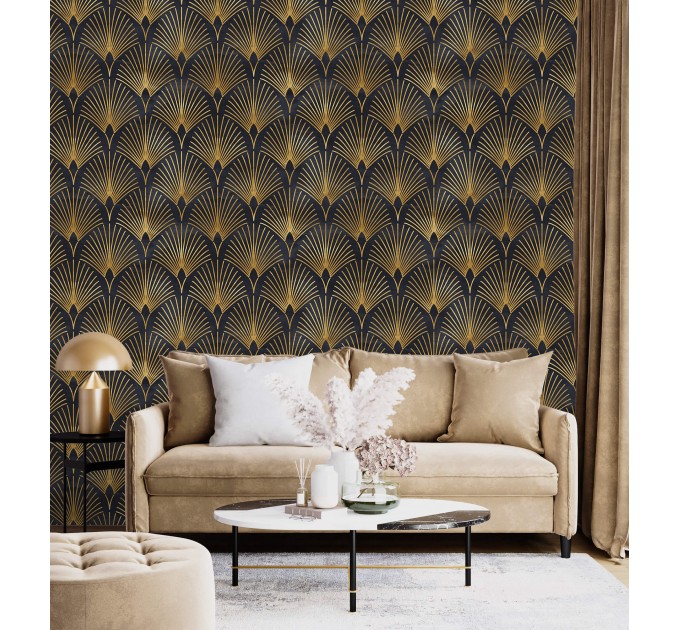 Elegant Art deco wallpaper fans black gold non metallic