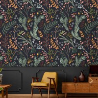 Dark folk botanical wallpaper – Whimsical forest leaves