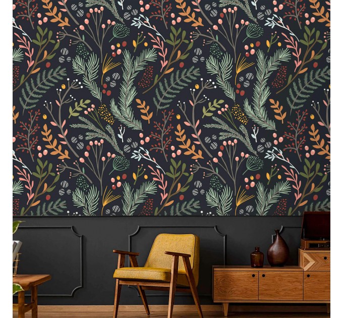 Dark folk botanical wallpaper – Whimsical forest leaves