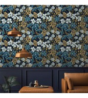 Dark blue floral wallpaper, Vintage wildflowers moody decor
