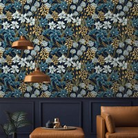 Dark blue floral wallpaper, Vintage wildflowers moody decor