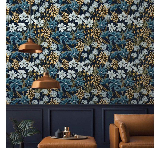 Dark blue floral wallpaper, Vintage wildflowers moody decor