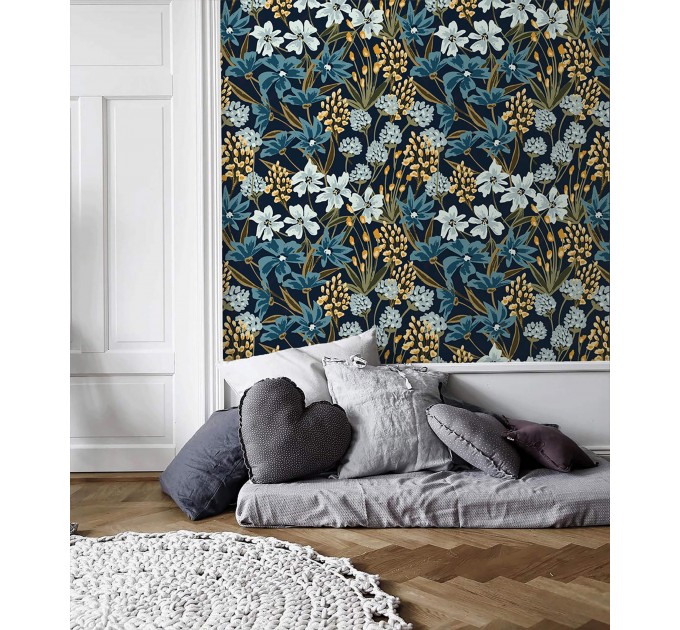 Dark blue floral wallpaper, Vintage wildflowers moody decor