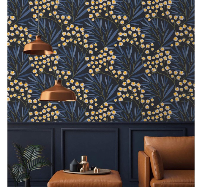 Dark botanical wallpaper wildflowers accent wall