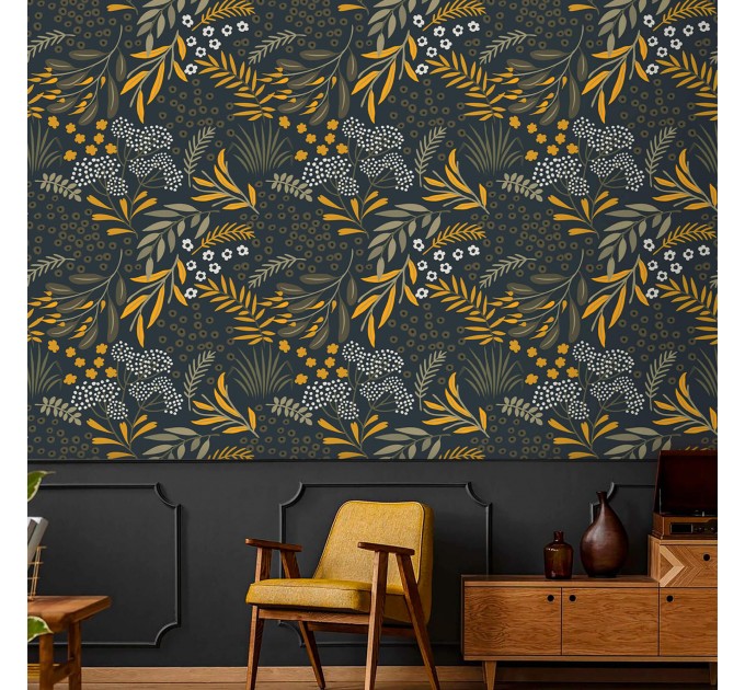 Dark botanical wallpaper leaves and herbs vintage style