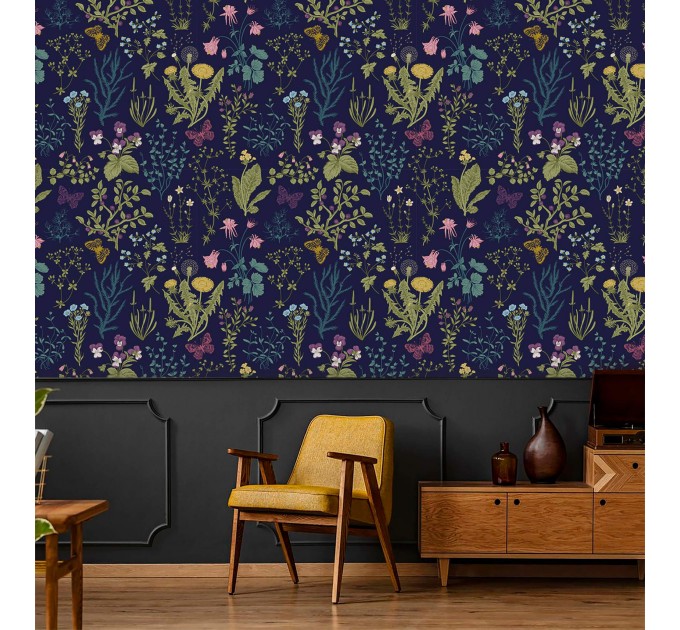 Dark wildflower wallpaper – Botanical floral wall covering