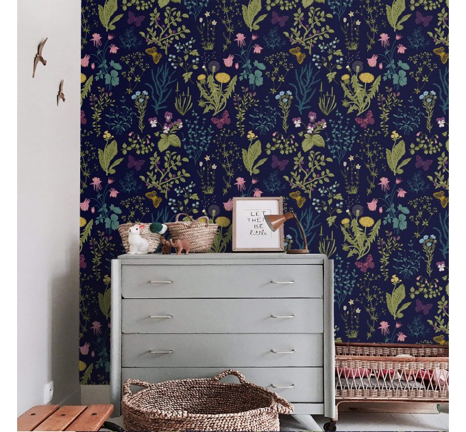 Dark wildflower wallpaper – Botanical floral wall covering