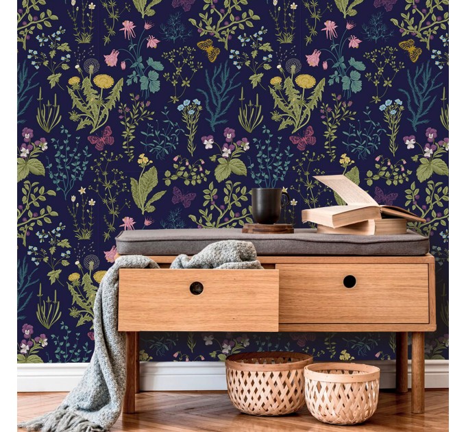 Dark wildflower wallpaper – Botanical floral wall covering