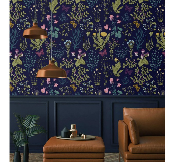 Dark wildflower wallpaper – Botanical floral wall covering