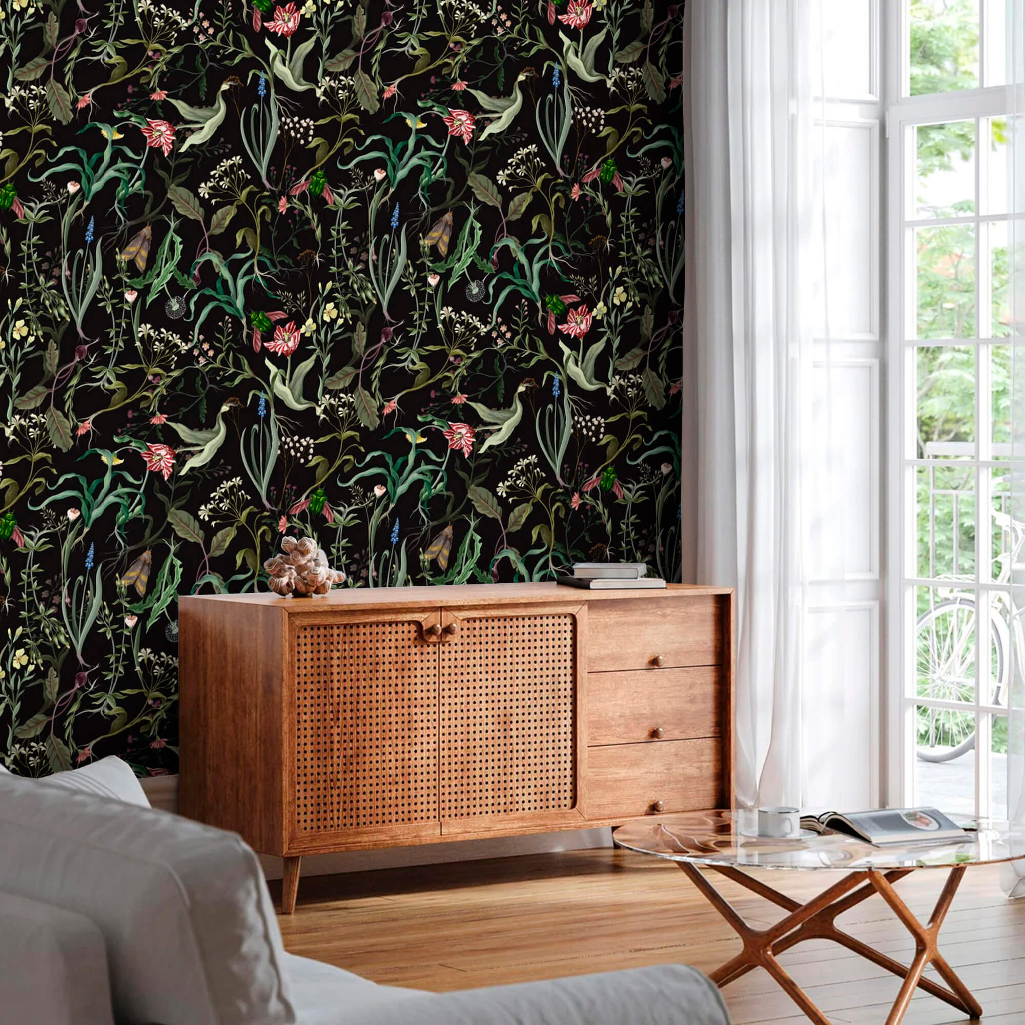 Secret garden wall mural with leaves and flowers