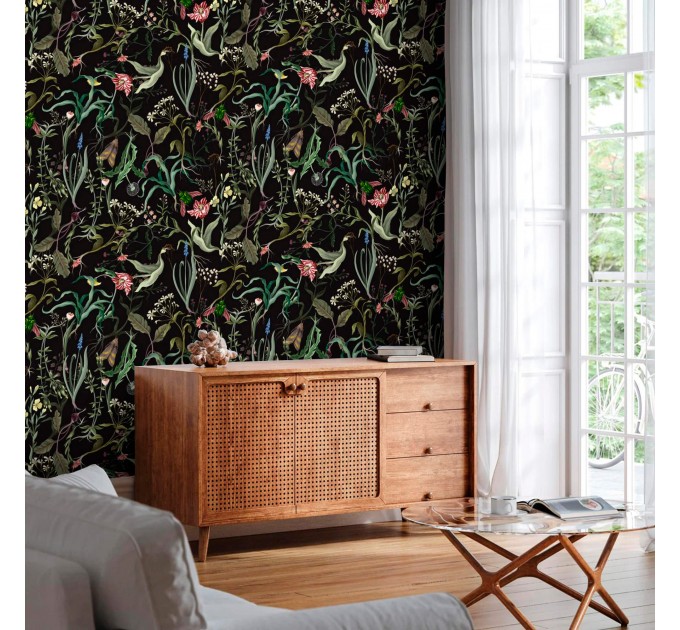 Moody floral wallpaper secret garden Leaves and flowers