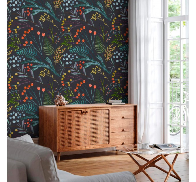 Dark floral wallpaper colorful wildflowers and leaves