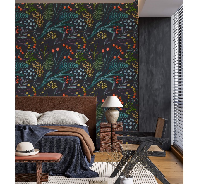 Dark floral wallpaper colorful wildflowers and leaves