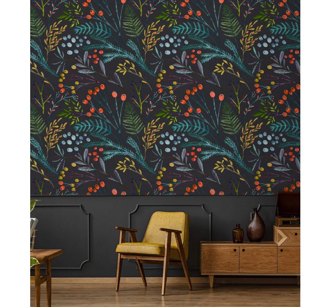 Dark floral wallpaper colorful wildflowers and leaves
