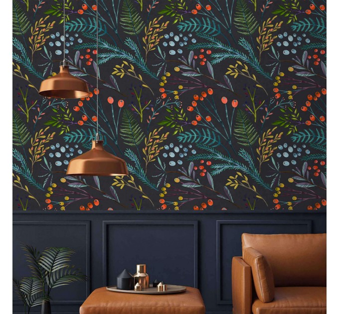 Dark floral wallpaper colorful wildflowers and leaves
