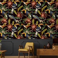 Dark tropical wallpaper Bright colorful plants and birds