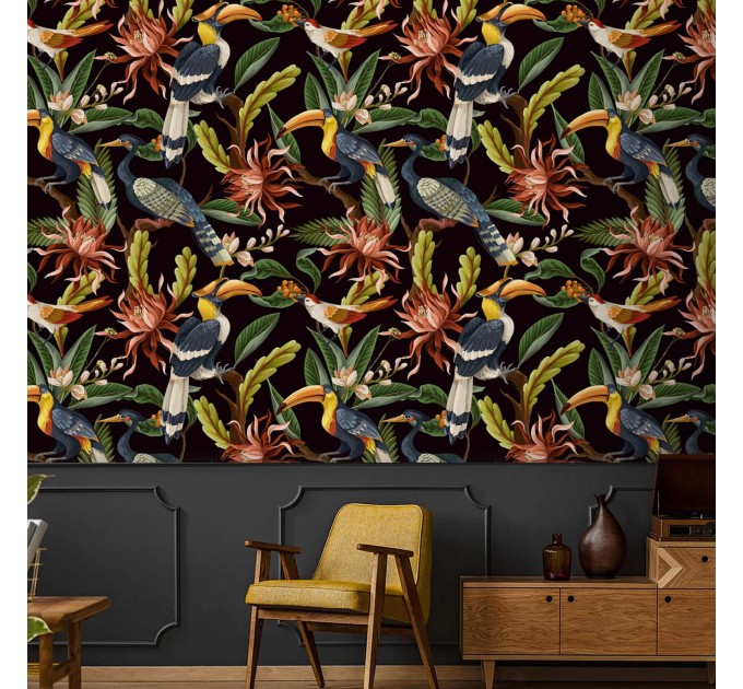 Dark tropical wallpaper Bright colorful plants and birds