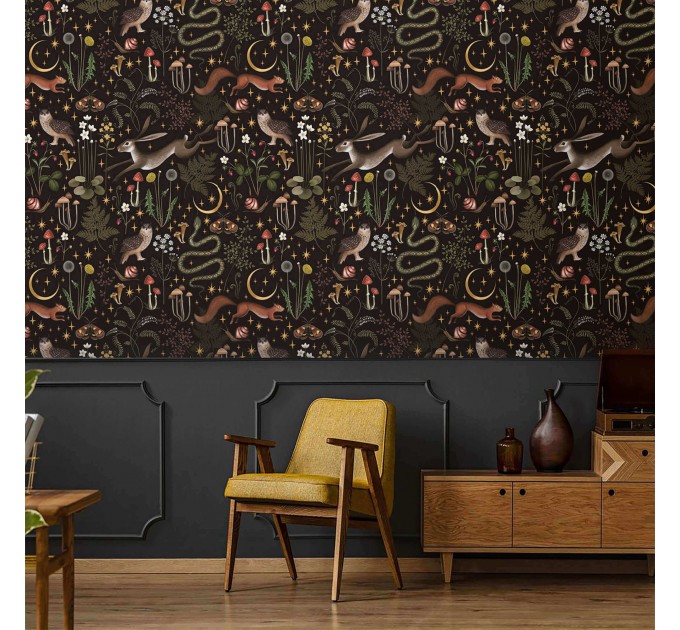 Dark whimsical wallpaper, moody forest fairy animals