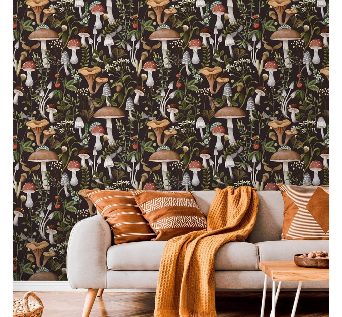 Mushroom wallpaper Dark botanical woodland wall covering